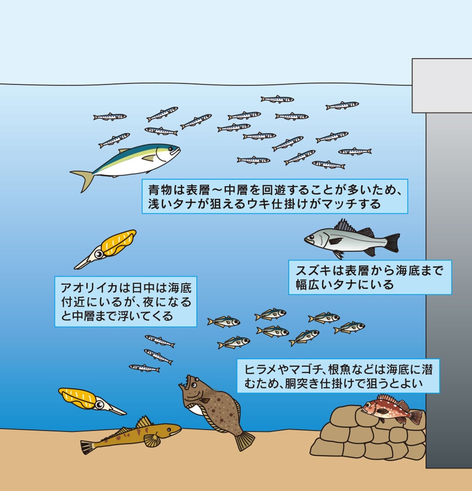 ターゲットが多いのは海底付近だが、エサとなる小魚の種類、回遊状況によっては、表層〜中層を青物やスズキがエサを捕食することもある。