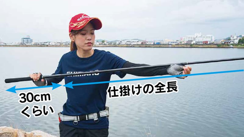 6. 仕掛けの全長は、竿の全長より短いほうが扱いやすい。5m の竿なら仕掛けの全長は4.7m 程度にする
