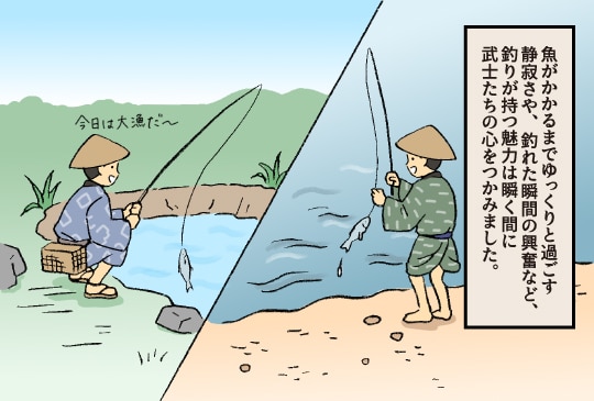 魚がかかるまでゆっくりと過ごす静寂さや、釣れた瞬間の興奮など、釣りが持つ魅力は瞬く間に武士たちの心をつかみました。