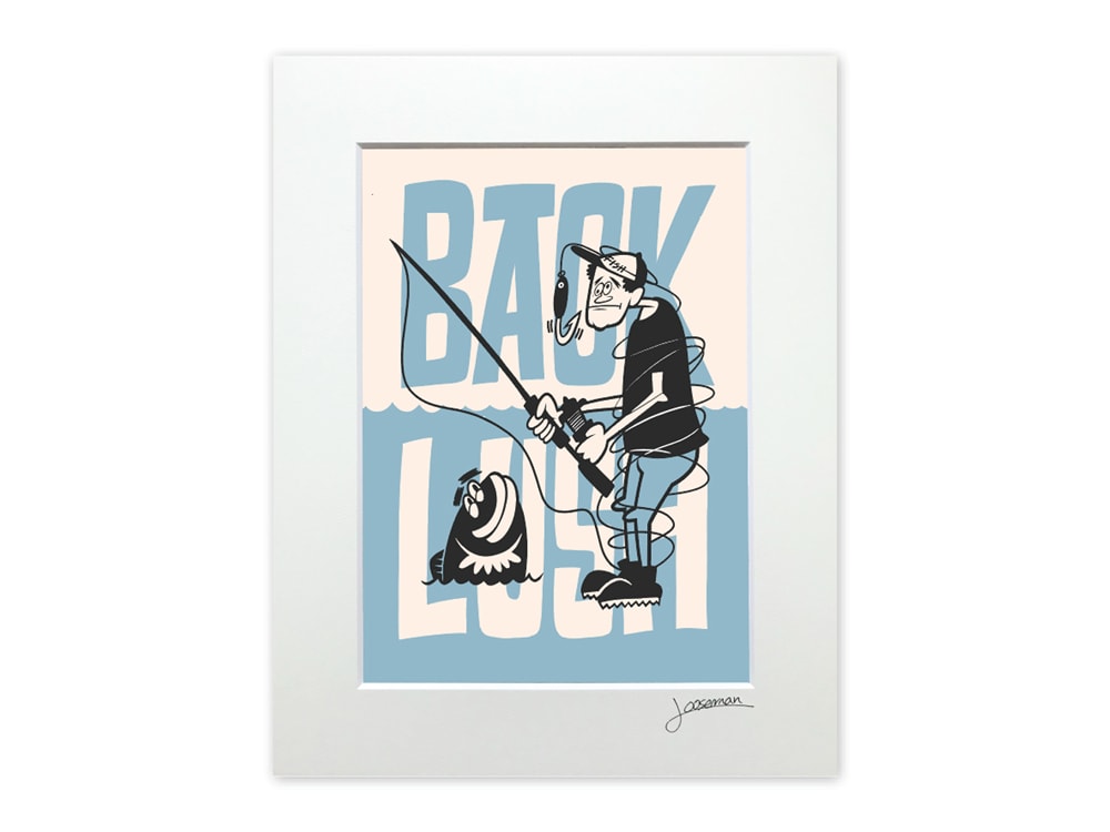 釣りにまつわるイラストのひとつ『BACK LUSH』。ラインの絡まるようすがコミカルに描かれている。