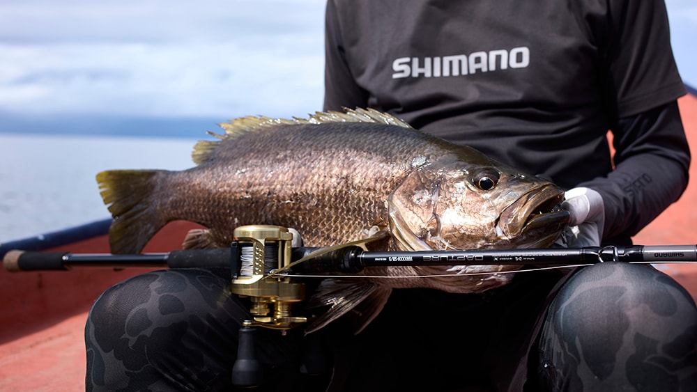 パプアンブラックバスのキャッチにガイドとともに喜ぶ。