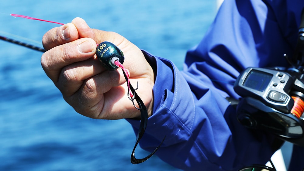 潮が緩めだったため、100gのヘッドからスタート。三国沖では、150g、200gなど、重いヘッドを使用することもある。