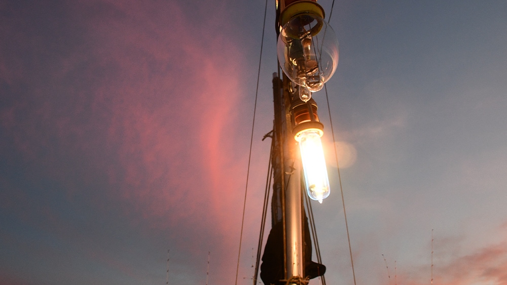 日没とともに集魚灯を点灯。イカを寄せていく。