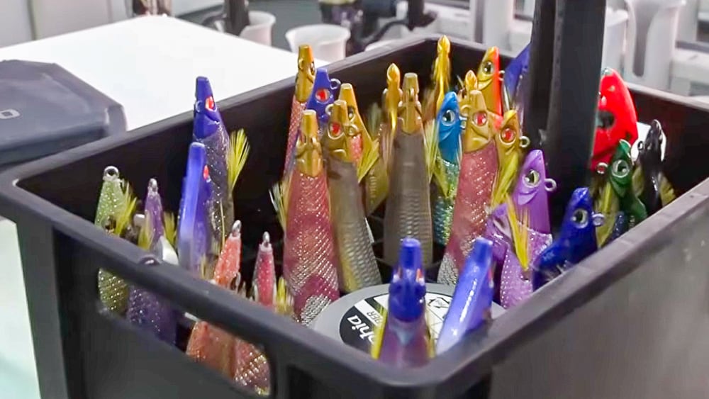 メンバーのエギのファーストチョイス。上から角井さん、加藤さん、谷田さんが選んだカラー。エギは高実績のセフィア アントラージュ3.0号。フィールドのさまざまな状況に対応できるように、カラーは多数用意しておきたい。