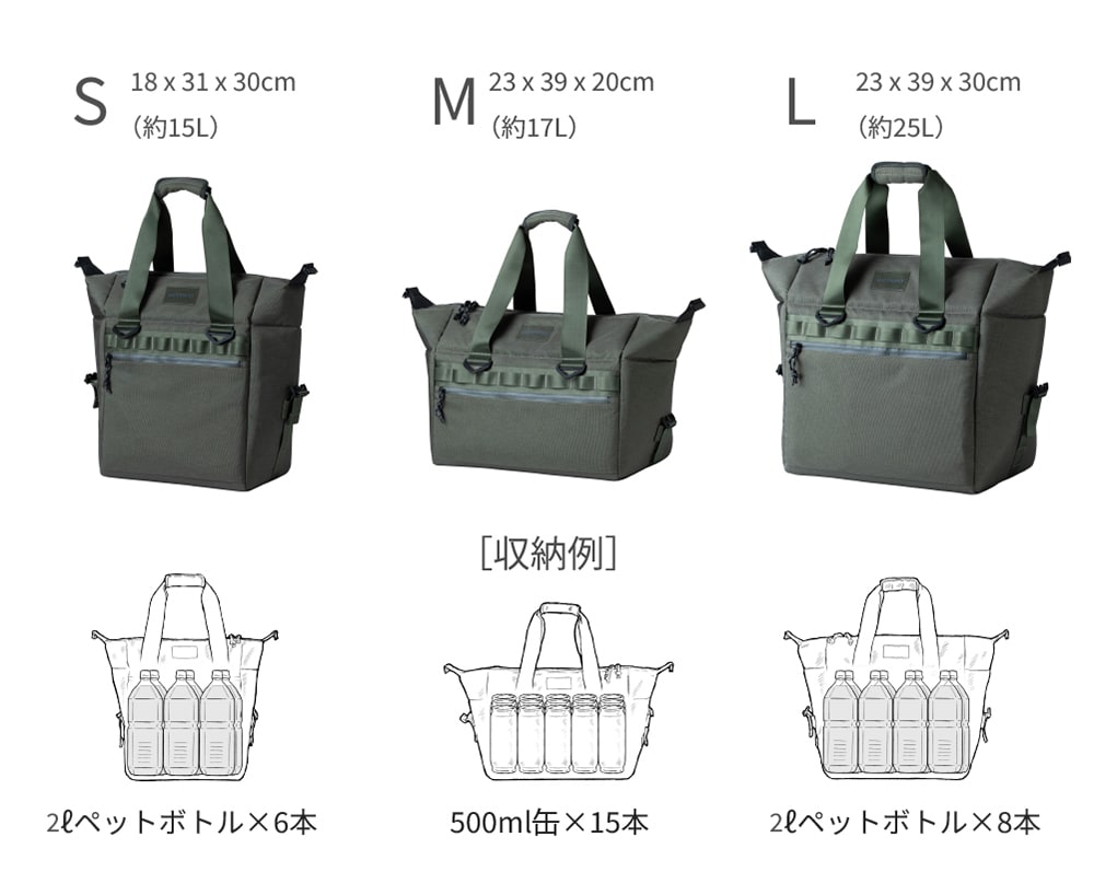 COOLER BAG PROには、S・M・Lの3サイズをご用意。用途に応じてお選びいただけます。
