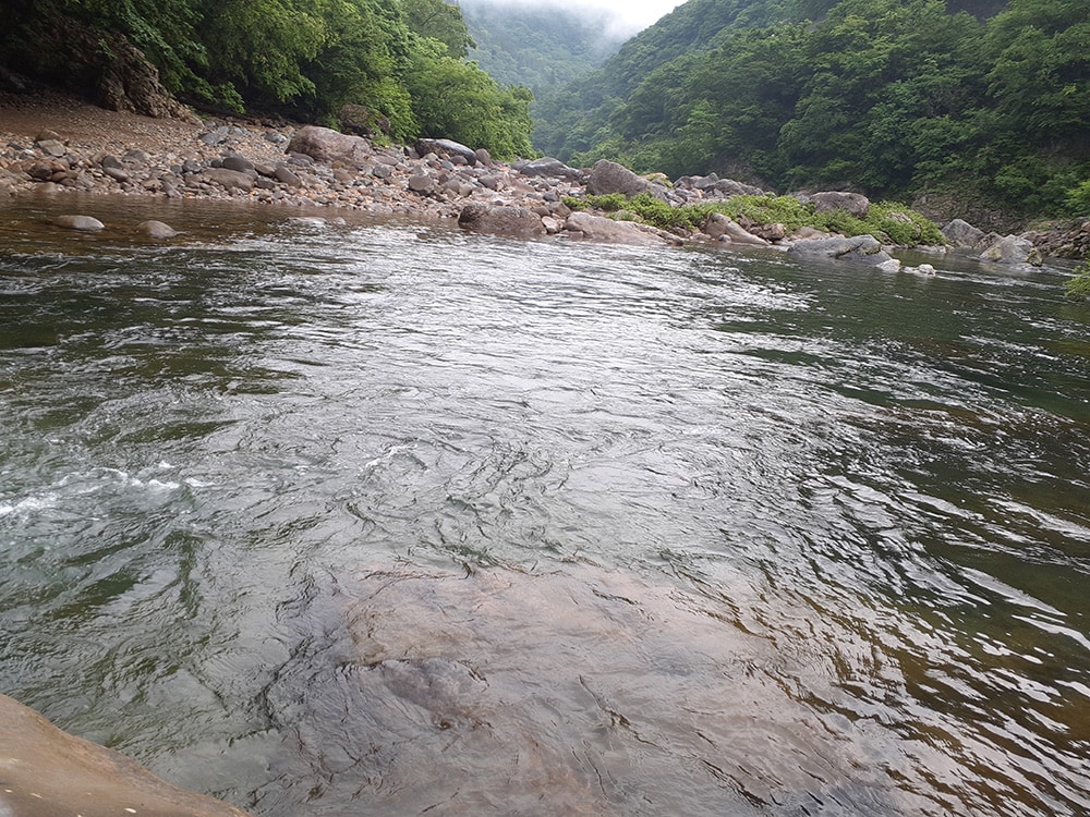 少々釣り上がって、先ほどと似たような瀬落ちからの深み。 少々釣り上がって、先ほどと似たような瀬落ちからの深み。
