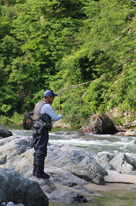 喰わせてからの美しい曲がりは本調子の真骨頂。負荷に応じて胴へ曲がりが入り、豊かな粘りが引きをいなす。
