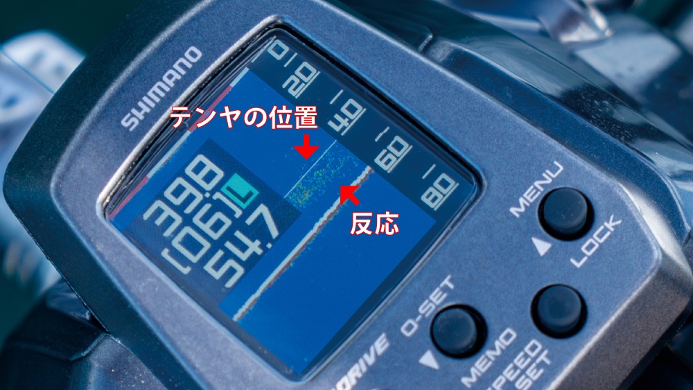 当日の指示ダナは50、あるいは45から上。探見丸スクリーンに映る反応の上限、40mに合わせて待つと連釣モードに突入した
