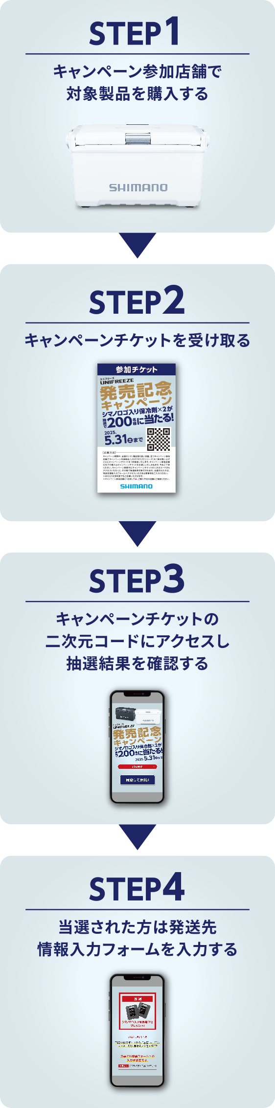 STEP1 キャンペーン参加店舗で対象製品を購入する STEP2 キャンペーンチケットを受け取る STEP3 キャンペーンチケットの二次元コードにアクセスし抽選結果を確認する STEP4 抽選された方は発送先情報入力フォームを入力する